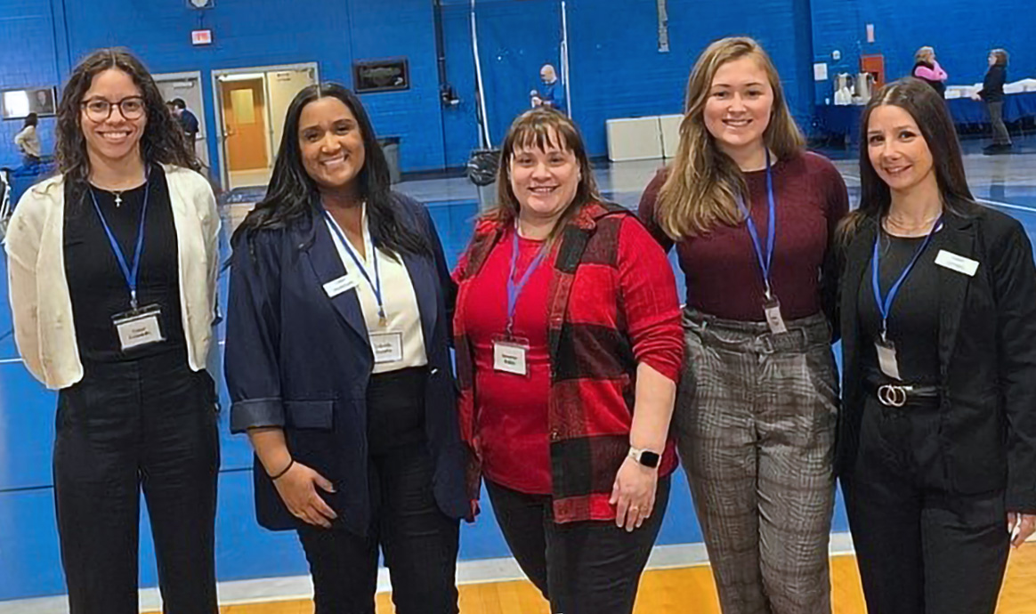 Photo Caption: BrightBridge team members helped students understand the impacts of higher education and how student loans will affect their financial goals. From left: Teller Carol Casado, VP of Member Support Zobeida Duarte, Operations Specialist Heather Rabs, Communications Specialist Kristin Cole and Methuen Branch Manager Lina Quijano.